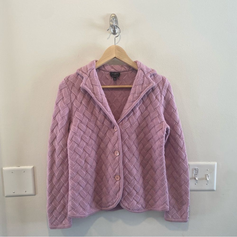 Talbots sweater cardigan women’s size small petite 100% merino wool lavendar